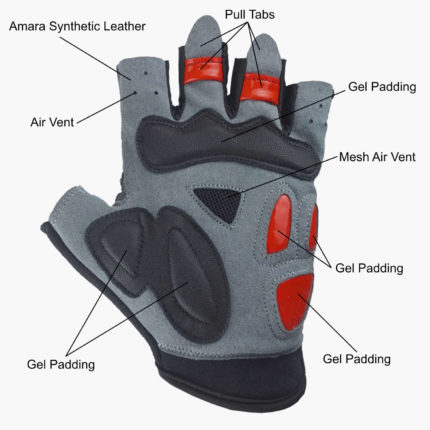 Grey / Lime Short Finger Cycling Gloves - "Quick Off" Tabs and Features Diagram