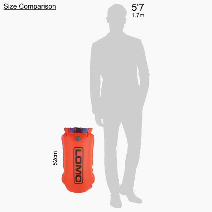 Eco float - Orange Dry Bag Swimming Tow Float - Shown to Scale