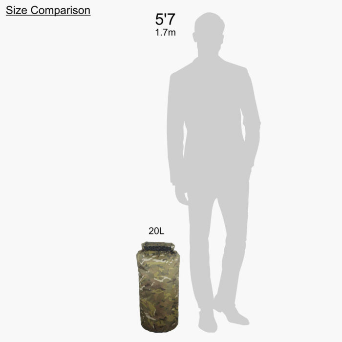 Camouflage dry bags showing size scale