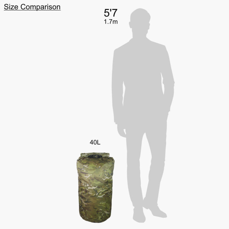 Camouflage dry bags showing size scale