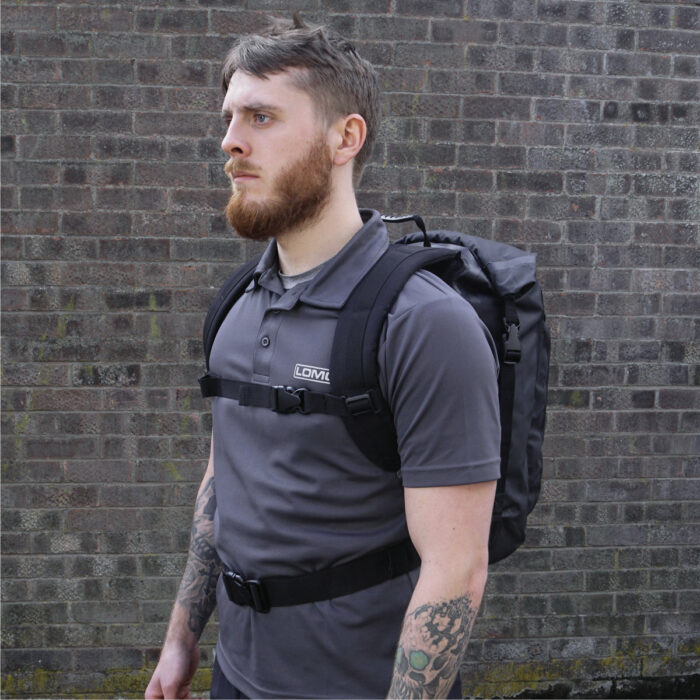 30L Dry Bag Daysack Black Chest and Waist Strap View