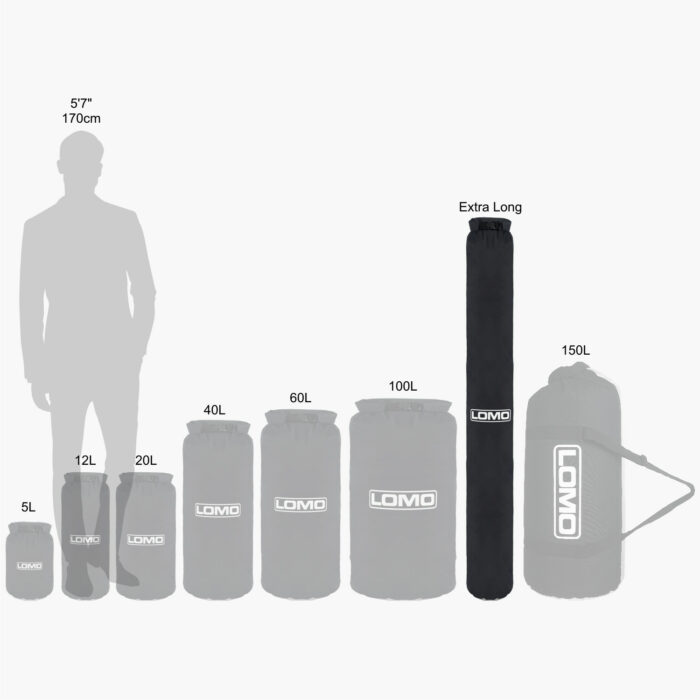 Extra Long Dry Bag Black with Window Size Comparison