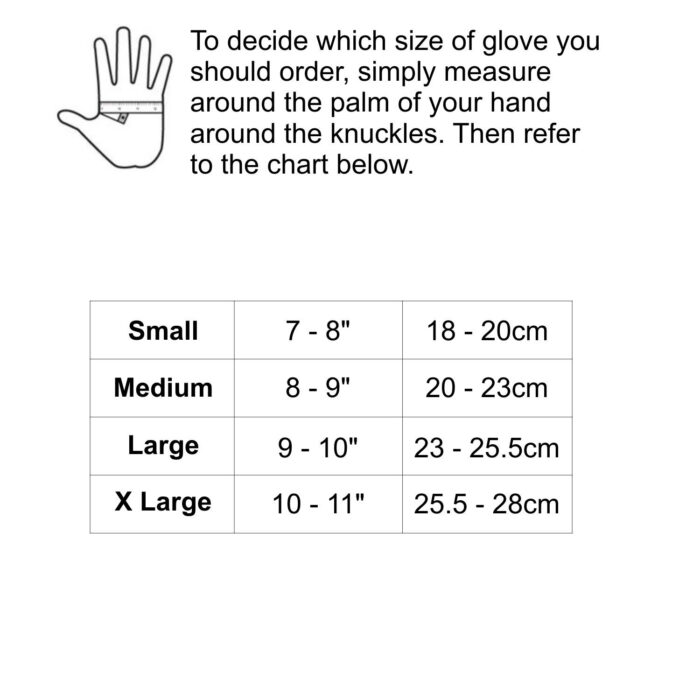SG1 Short Finger Cycling Gloves Size Chart