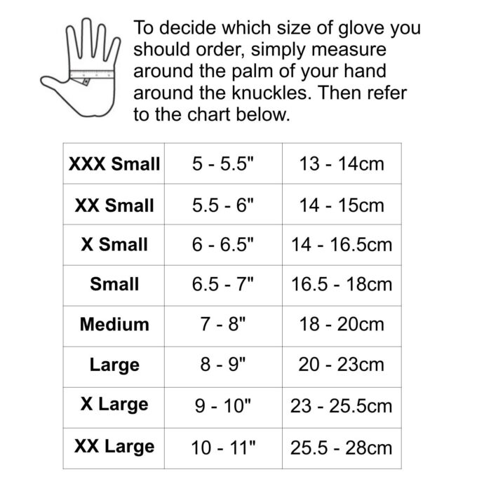 Sailing Gloves Short Finger Size Chart