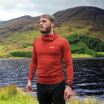 Long Sleeve Running Top Red Being Worn Outdoors