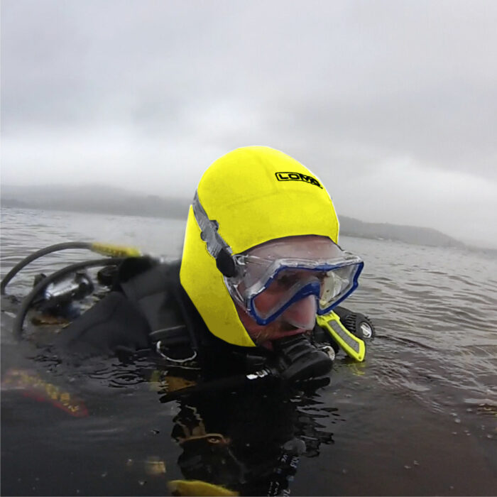 Yellow Wetsuit Hood - 5mm In use