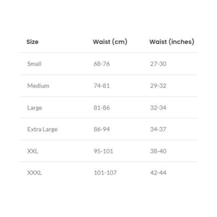 Neoprene Swim Shorts Size Chart