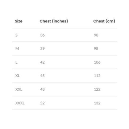 Lomo T-Shirts Size Chart