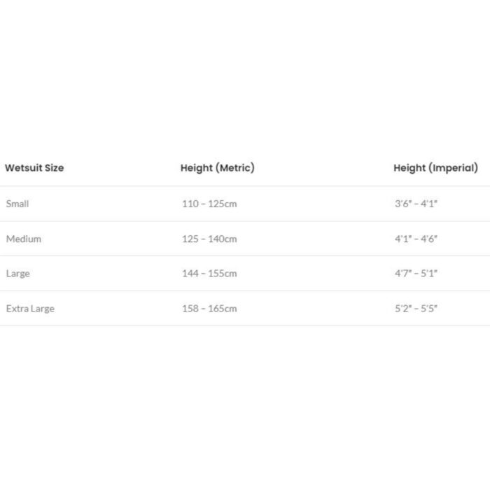 Tempest Childrens Wetsuit Size Chart