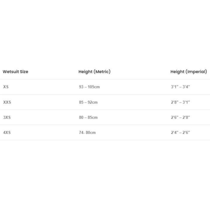 Tempest Infant Wetsuit Size Chart