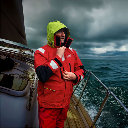 Coriolis Offshore Sailing Jacket Wearer on deck in bad weather