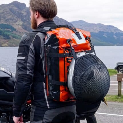 39L Dry Bag Rucksack with Helmet Carrier - Orange On Rider Example