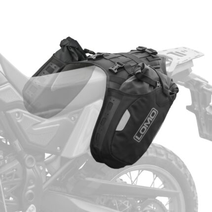 Deluge 15L Angled Motorcycle Waterproof Dry Bag Panniers - Pair Example Fitted on Transparent Bike Close Up